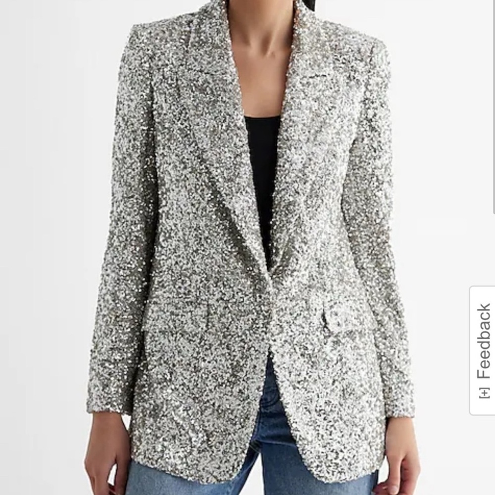Express Sequin Open Front Boyfriend Silver Blazer XS